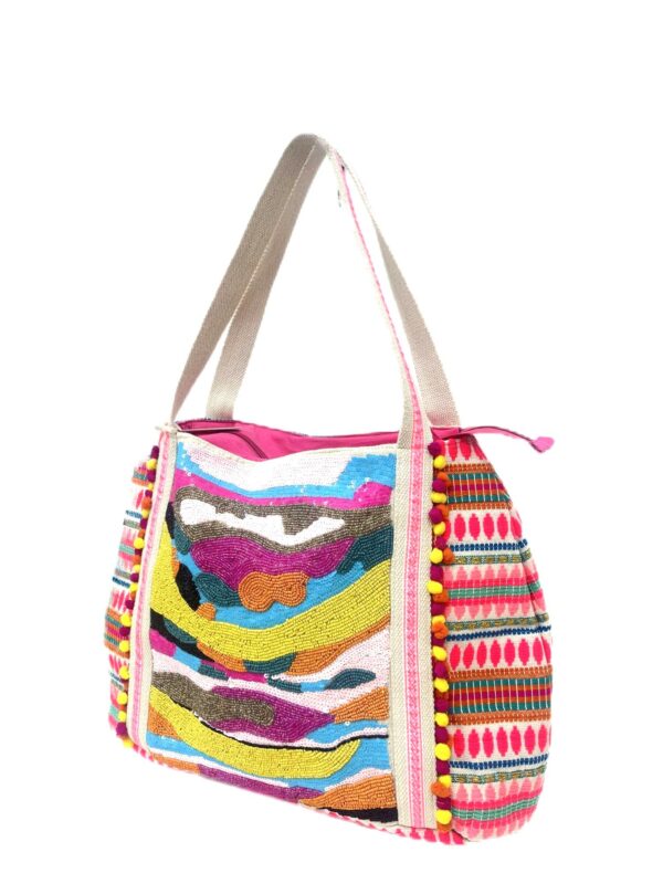 MKH-8611 Bolso Étnico Grande con Lentejuelas, Abalorios y Pompones – Diseño de Palmeras | Venta al por Mayor - Image 1