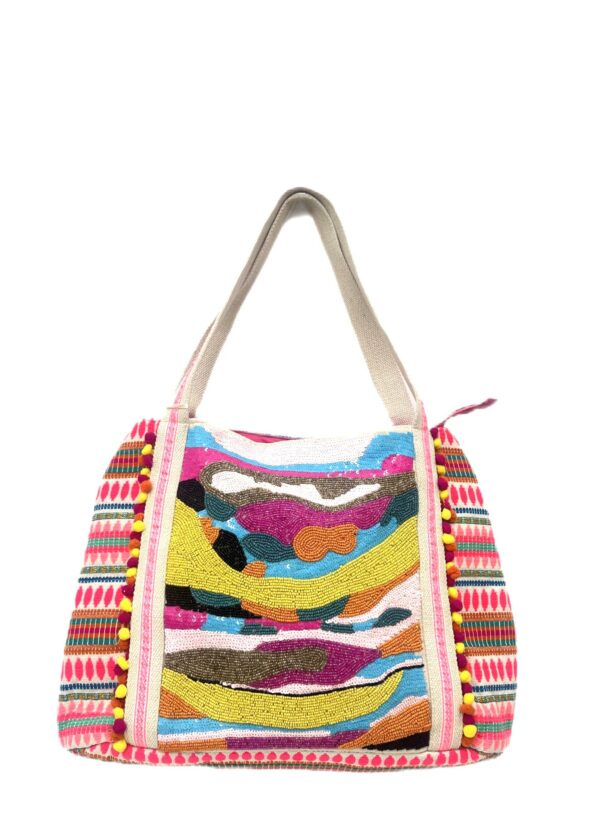 MKH-8611 Bolso Étnico Grande con Lentejuelas, Abalorios y Pompones – Diseño de Palmeras | Venta al por Mayor - Image 2