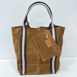 Bolso Tote de Piel Serraje con Bandas de Tela y Monedero – Estilo Casual para Mujer 0554 1