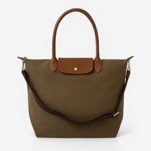 Bolso tote de nailon plegable con asas de piel – Marrón mediano y ligero 1081