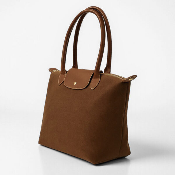 Bolso tote de nailon plegable con asas de piel – Marrón mediano y ligero 1081 - Image 3