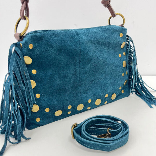 Bolso bandolera de piel serraje con tachuelas doradas y flecos – Verde botella 1369 - Image 4