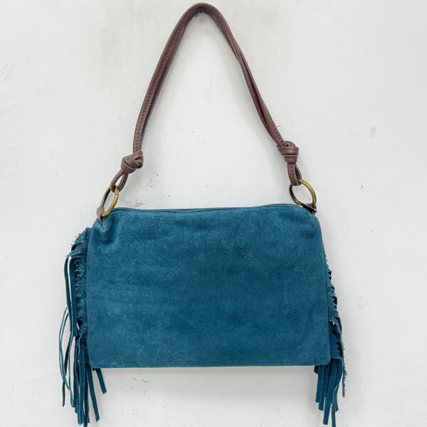 Bolso bandolera de piel serraje con tachuelas doradas y flecos – Verde botella 1369 - Image 3