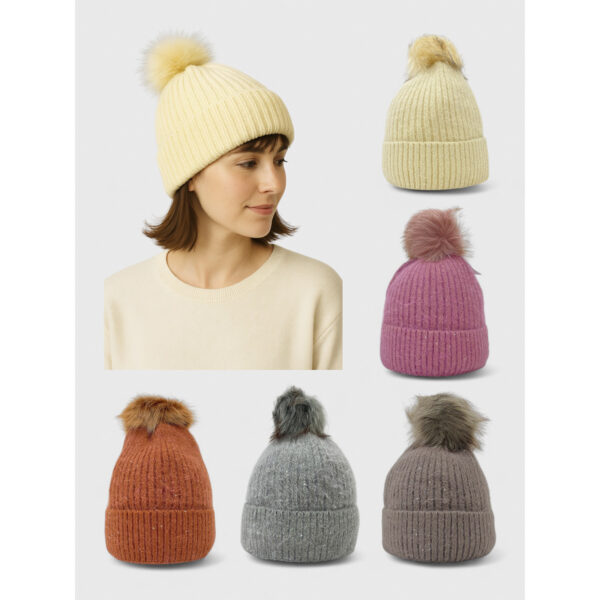 Gorro de invierno beige con pompón de pelo sintético y forro polar para mujer FG-22D206 - Image 5