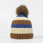 Gorro de invierno a rayas con pompón de pelo sintético y forro polar para mujer FG-HL01 - Image 2