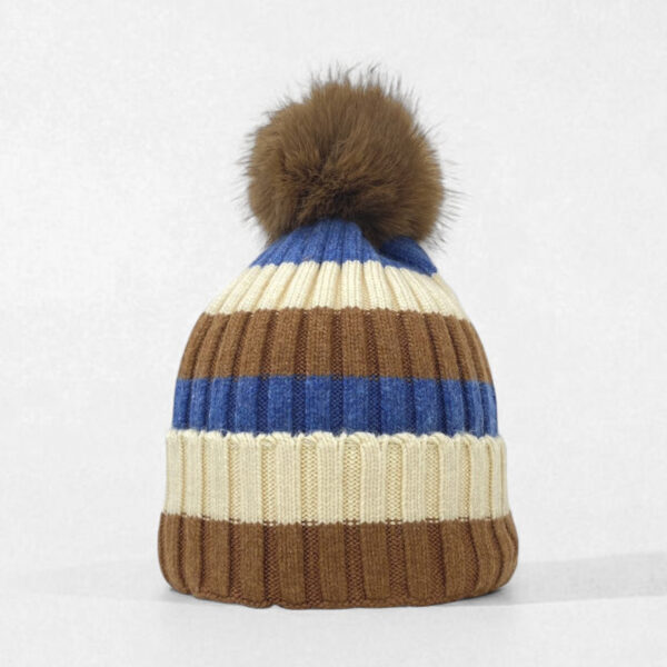 Gorro de invierno a rayas con pompón de pelo sintético y forro polar para mujer FG-HL01 - Image 2