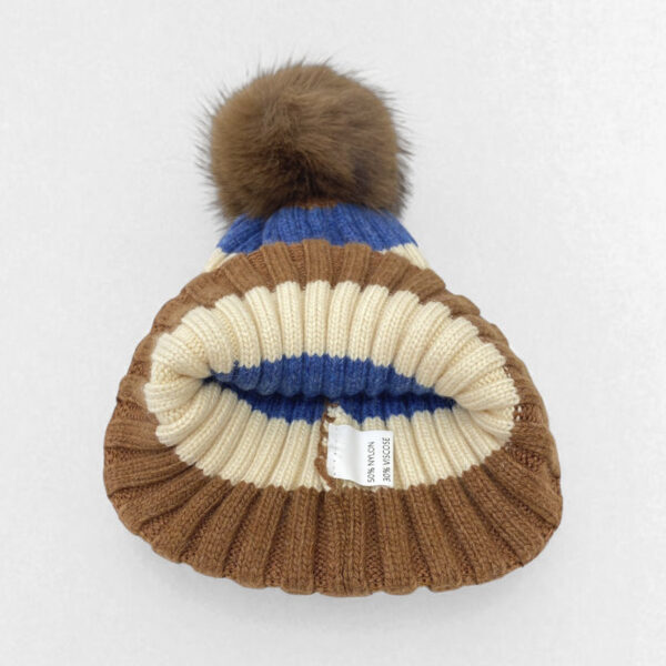 Gorro de invierno a rayas con pompón de pelo sintético y forro polar para mujer FG-HL01 - Image 4