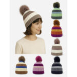 Gorro de invierno a rayas con pompón de pelo sintético y forro polar para mujer FG-HL01 - Image 5