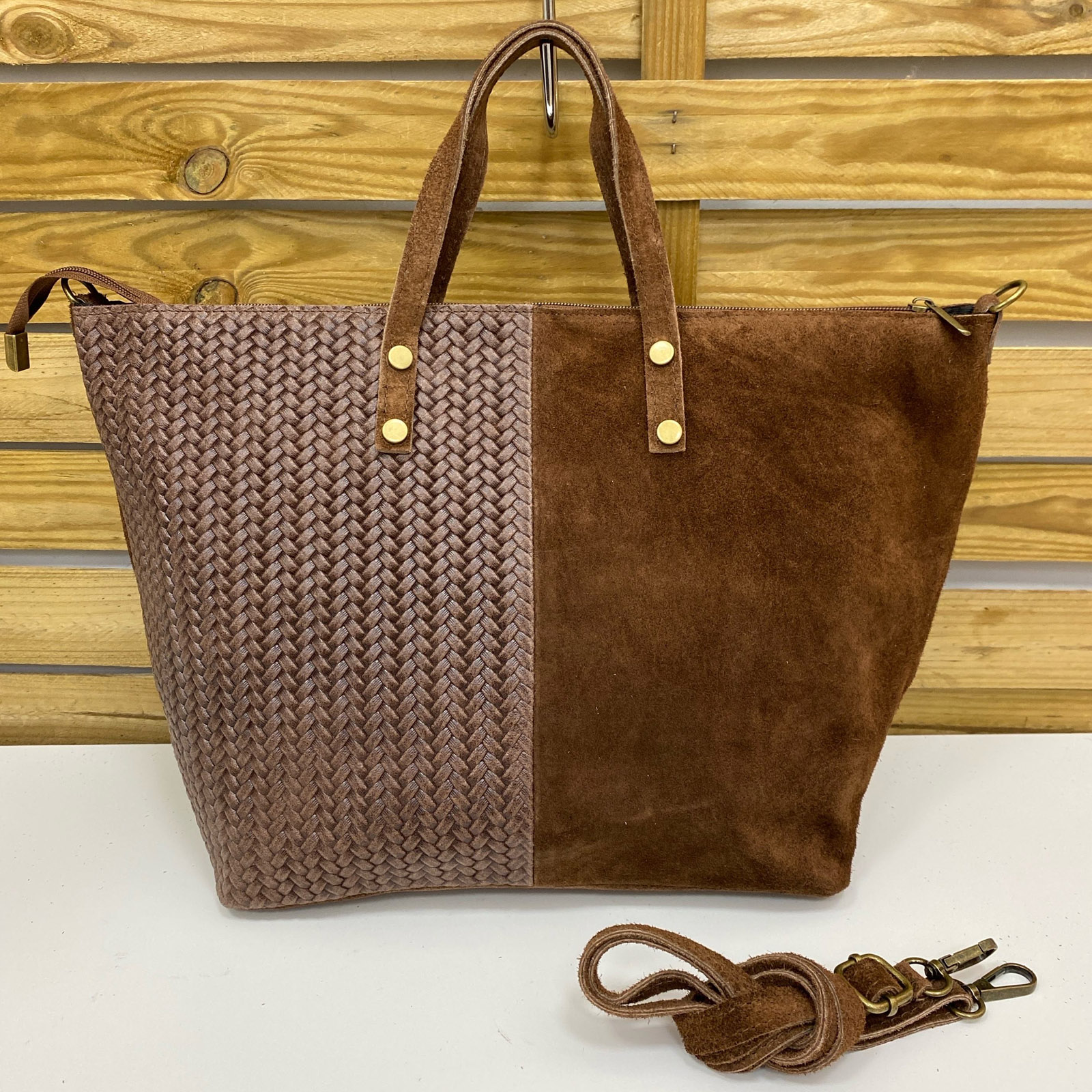 1313 Chocolate 1 Bolso Shopper Grande de Piel Combinada Trenzada & Ante Chocolate – Modelo 1313 | Italian Leather - Imagen 1