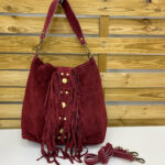 Bolso de piel serraje beige con flecos boho y tachuelas, estilo italiano tendencia (Mod. 1314 ) - Imagen 2
