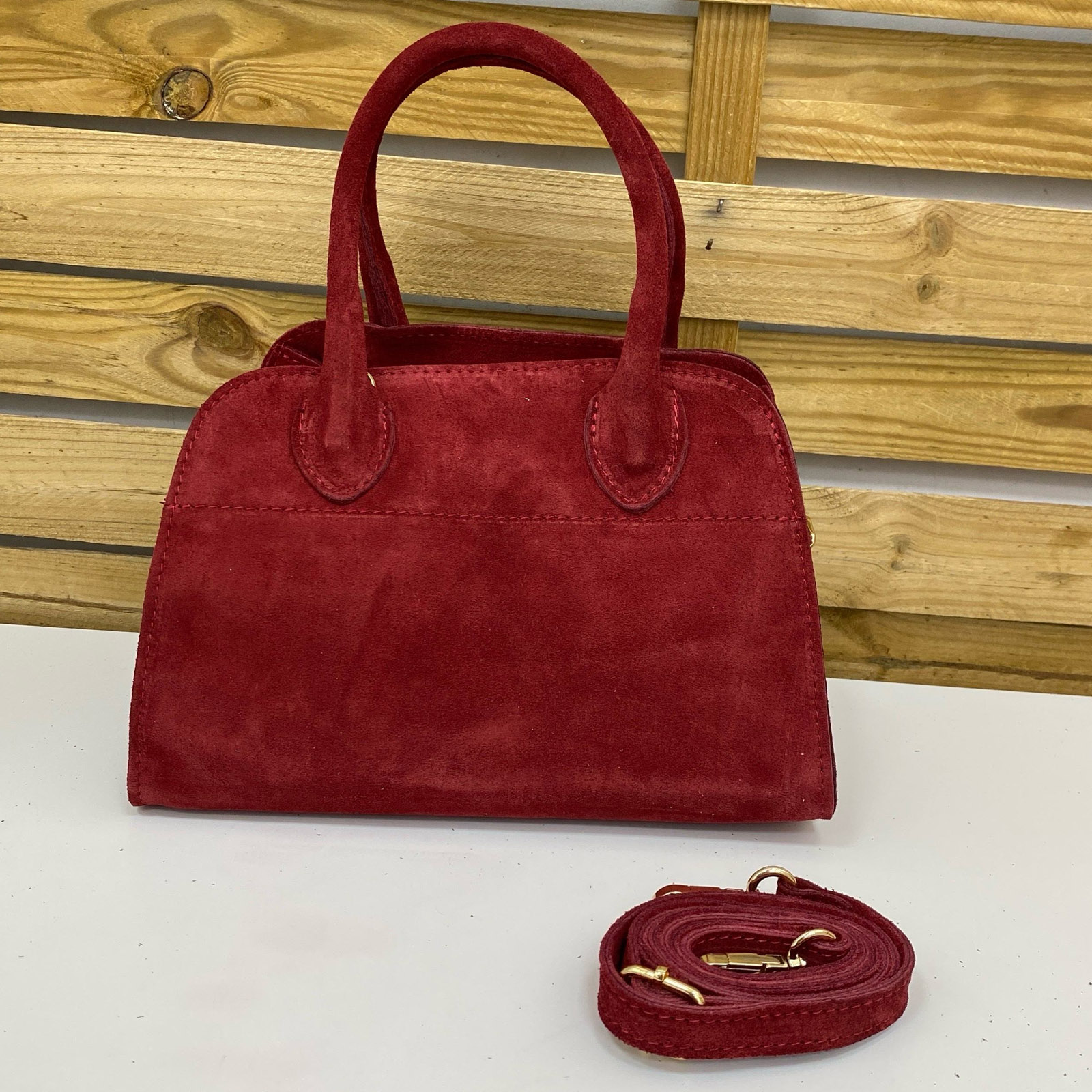 1337 Rojo 1 Bolso Shopper Ante Granate – Mini Shopper Elegante en Piel Serraje (18x7x18cm) – (Mod. 1337 ) - Imagen 1