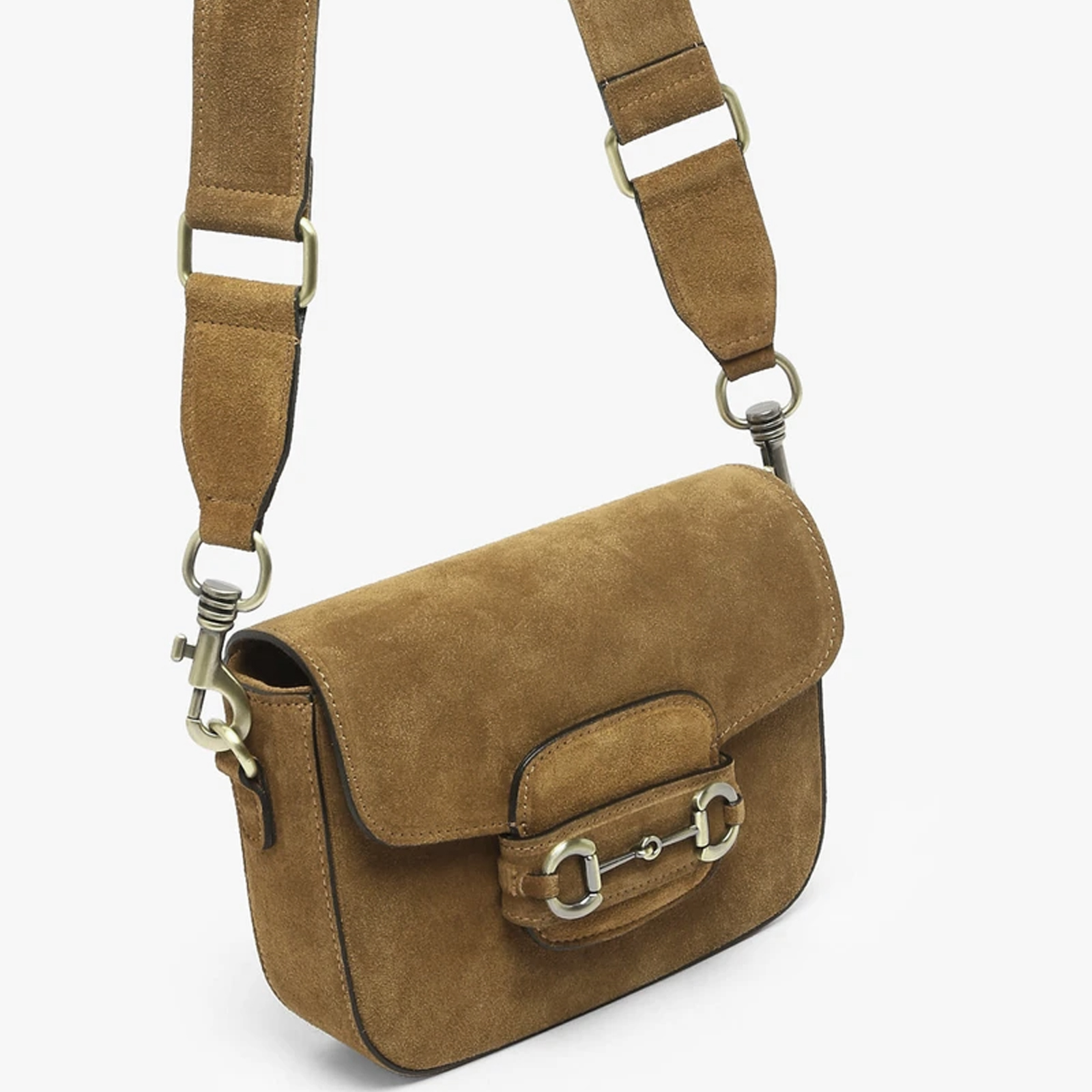 1383 Camel 2 Bolso bandolera de ante italiano con herraje ecuestre metálico – hecho en Italia (Modelo 1383) - Imagen 1