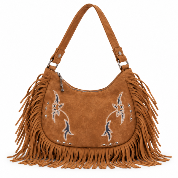 Bolso de Piel de Serraje con Bordados y Flecos