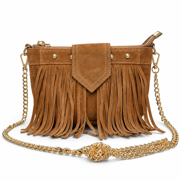 Bolso de Piel de Serraje con Flecos y Cadena