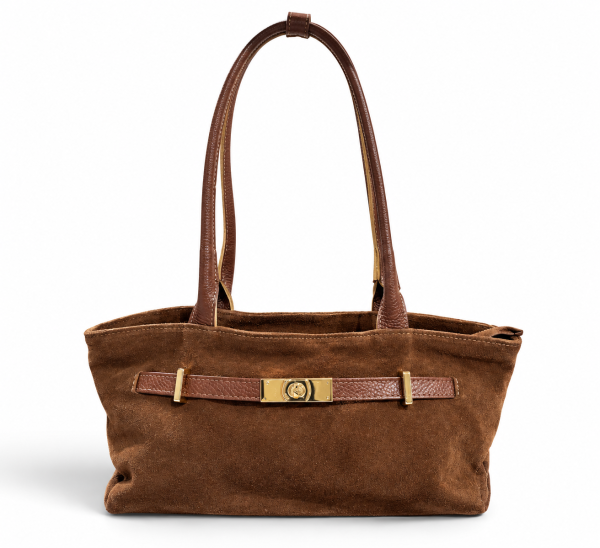 Bolso de Serraje con Asas Largas y Detalle Dorado