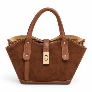 Bolso de Piel de Serraje con Detalles en Piel y Cierre Giratorio