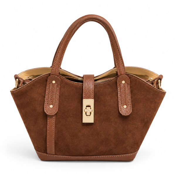 Bolso de Piel de Serraje con Detalles en Piel y Cierre Giratorio