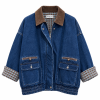 Chaqueta Vaquera Mujer Oversize con Cuello de Pana y Cuadros