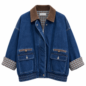Chaqueta Vaquera Mujer Oversize con Cuello de Pana y Cuadros