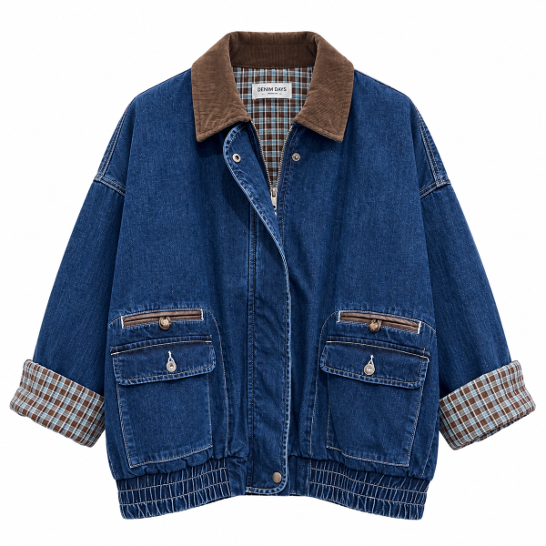 Chaqueta Vaquera Mujer con Cuello de Pana (2) Chaqueta Vaquera Mujer Oversize con Cuello de Pana y Cuadros