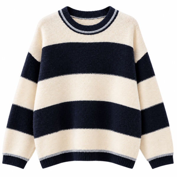 奶油海军条纹绒感针织衫 Jersey de Punto Mujer de Rayas Anchas Cuello Redondo